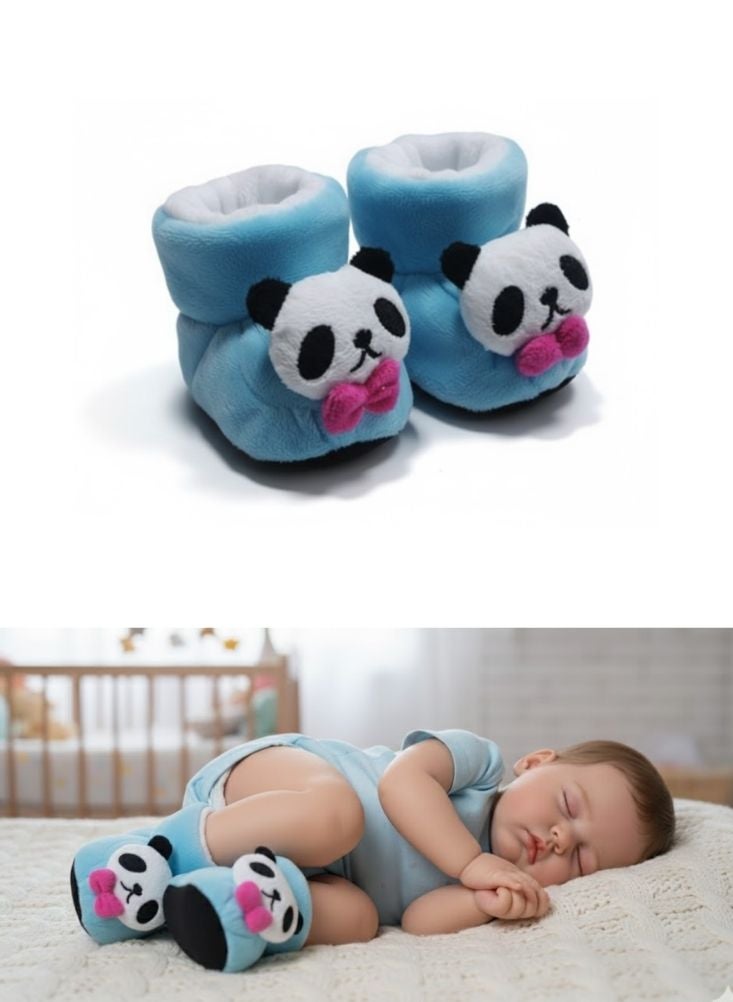 Baby Plush Booties – Cute Panda Character Soft Fabric Infant Shoes, Blue, 1 Pair